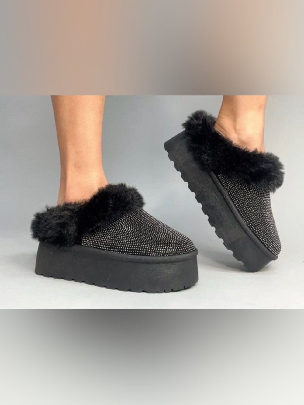 NIB - Mata Shoes - Black Rhinestone Faux-Fur Platform Mules Slippers - Size 10